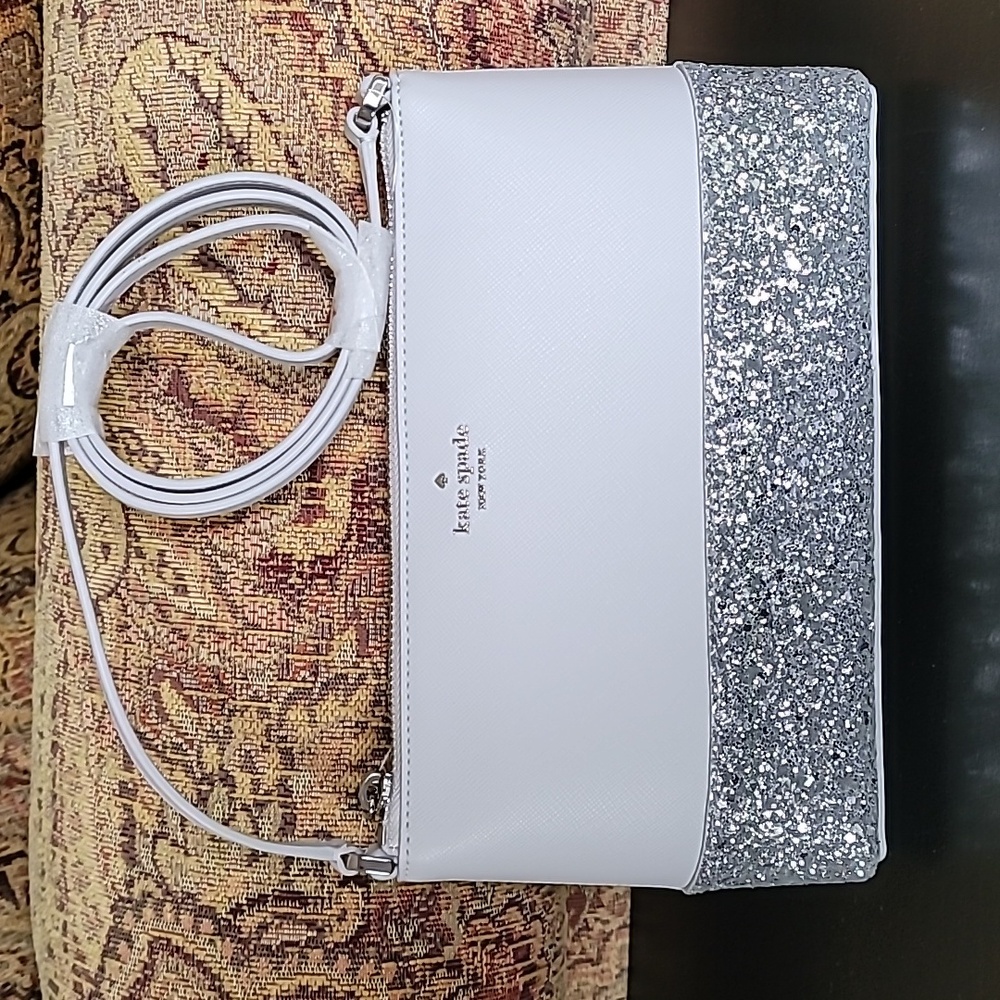 NWT Kate Spade Glitter Crossbody Flash Light Grey Silver